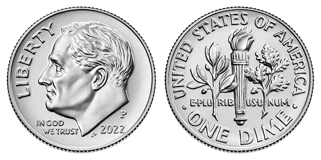 2022 Roosevelt dime obverse showing Franklin Roosevelt portrait and reverse showing torch design