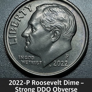 2022 dime doubled die error showing doubling on LIBERTY inscription under magnification