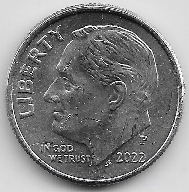 2022 dime Drooling Frank die cud error showing raised metal blob near Roosevelt's mouth
