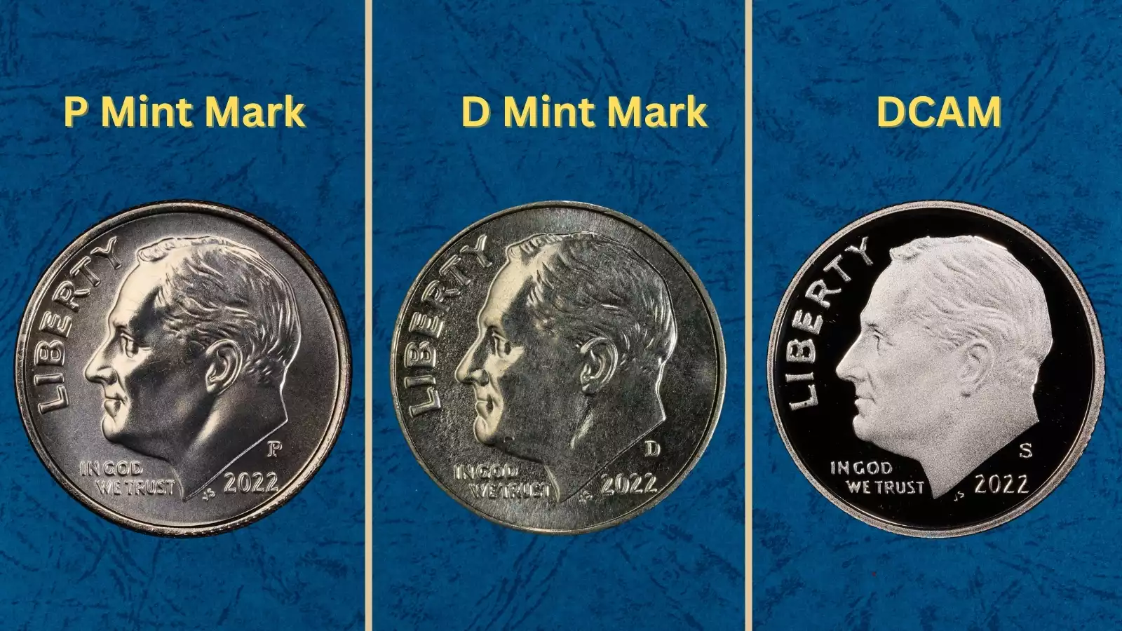 Group of 2022 Roosevelt dimes arranged by condition from circulated to gem uncirculated