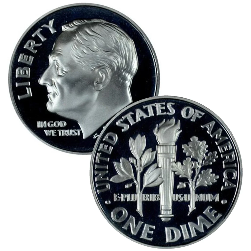 Grading strip showing four 2022 Roosevelt dimes from heavily worn through gem uncirculated condition